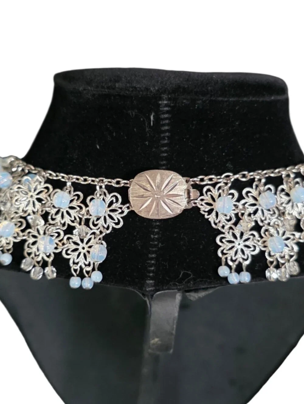 Vintage 1950s 1960s Floral Bib Necklace Opaline Glass Crystal Statement Collar